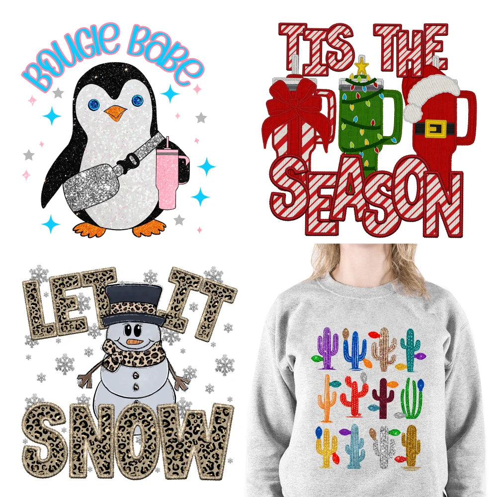 Faux Embroidery Christmas Feelin Frosty Decals DTF Glitter Sequin Sparkle Oh Snap Holly Xmas Season Transfer Sticker For Hoodies