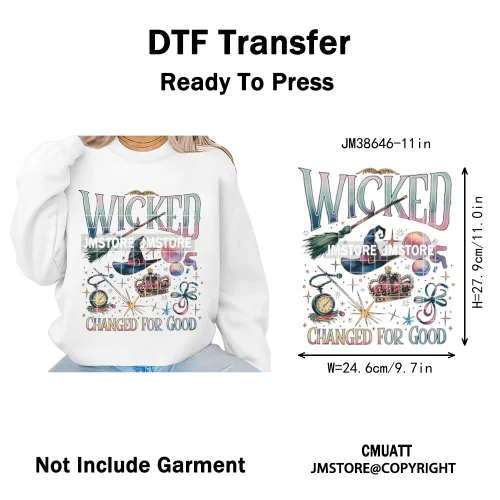 Witch Changed For Good Faux Glitter Pink and Green Movie Iron on DTF Washable Transfers Stickers Ready to Press for Clothes Bags