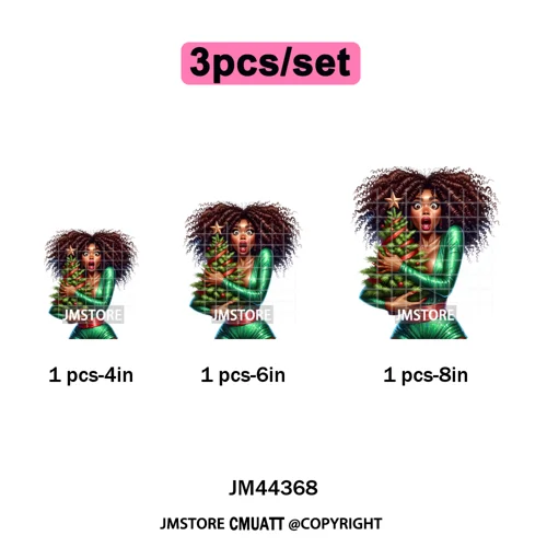 Funny Xmas Afro Glam Girly Gifts Holly Christmas Light Iron on Washable DTF Heat Transfers Stickers Ready to Press for Clothes