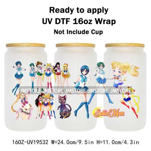 Sailor Girls Inspired Anime Fan Cartoon Characters UV DTF Transfer Sticker Cup Tumbler Wrap For 16OZ Libbey Glass Wraps Bottle
