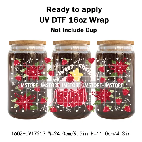 Cute Christmas Ghost Coquette Strawberry Cake UV DTF Stickers Ready To Transfer Cup Wrap Waterproof Logo For Libbey Can Glass