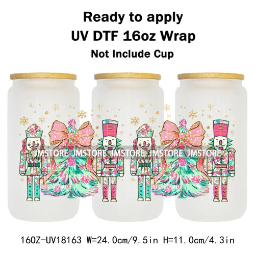Faux Glitter Preppy Nutcracker Christmas UV DTF Cup Wrap Ready To Apply Transfer Sticker 16OZ Tumbler Wraps For Libbey Glass Can