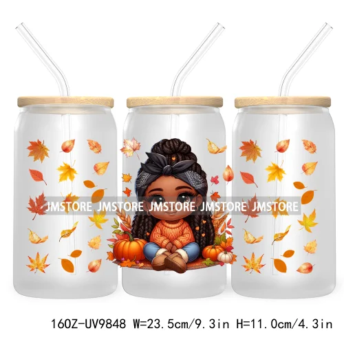 Afro African Girl 16OZ UV Cup Wrap DTF Transfer Stickers For Libbey Glass Can Cups Tumbler Fall Season Autumn Waterproof Labels