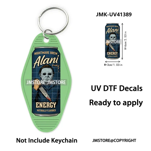 Halloween Horror Killer Energy Drink UV DTF Motel Keychain Decal Ready To Ship Durable Transfer Stickers Logo For Hotel Keychain