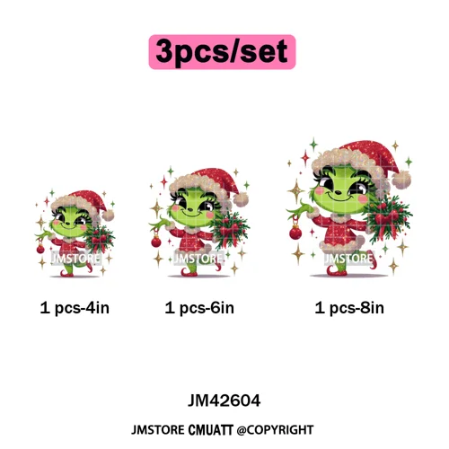 Faux Glitter Cartoon Christmas Movie Green Santa Kid Girly Xmas Iron on DTF Washable Transfer Sticker Ready to Press for Textile