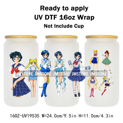 Sailor Girls Inspired Anime Fan Cartoon Characters UV DTF Transfer Sticker Cup Tumbler Wrap For 16OZ Libbey Glass Wraps Bottle
