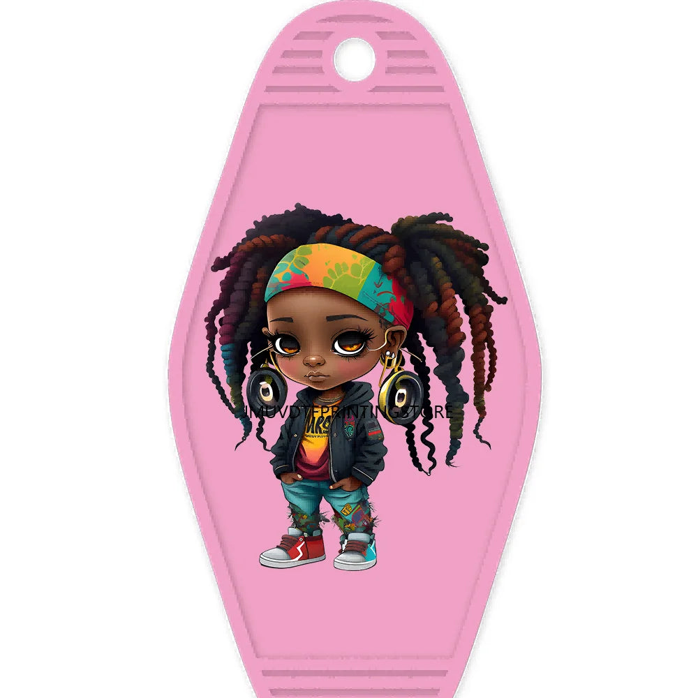 Cool Dreadlock Afro Girl High Quality WaterProof UV DTF Sticker For Motel Hotel Keychain Black Hip Hop Kids