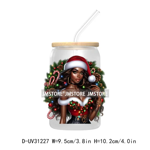 Afro Woman Nails Hip Pop Santa UV DTF Transfer Stickers Decals For Libbey Cold Cups Mugs Tumbler Just A Girl Who Loves Christmas