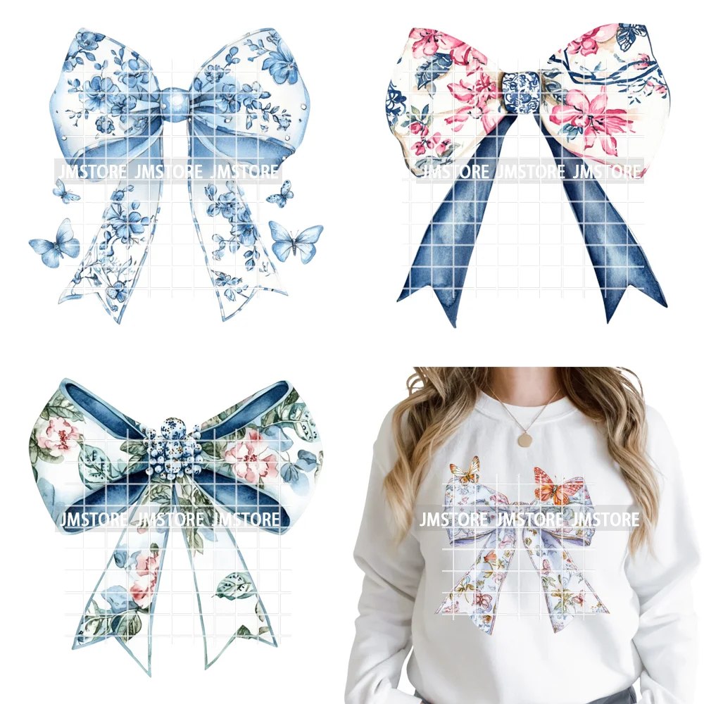 Pink Blue Flower Silk Coquette Chinoiserie Toile De Jouy Design Iron on DTF Heat Transfers Stickers Ready to Press for Clothes