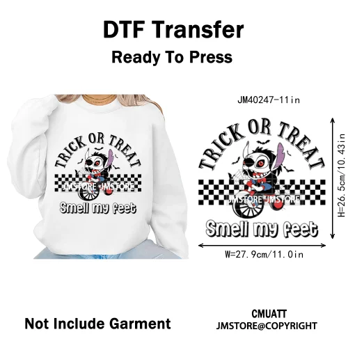 Checkered Trick Or Treat Scary Killer Character Halloween Vibes Iron on DTF Washable Transfer Sticker Ready to Press for Hoodies