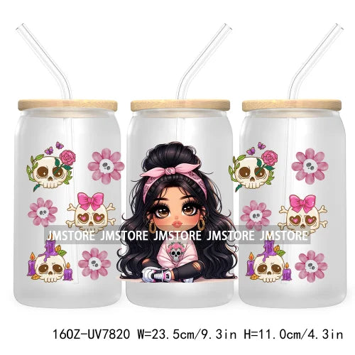 Cute Chibi Mexican Latina Baby Girl 16OZ UV DTF Cup Wrap Transfers Stickers For Libbey Glass Can Cups Tumbler Waterproof Skulls