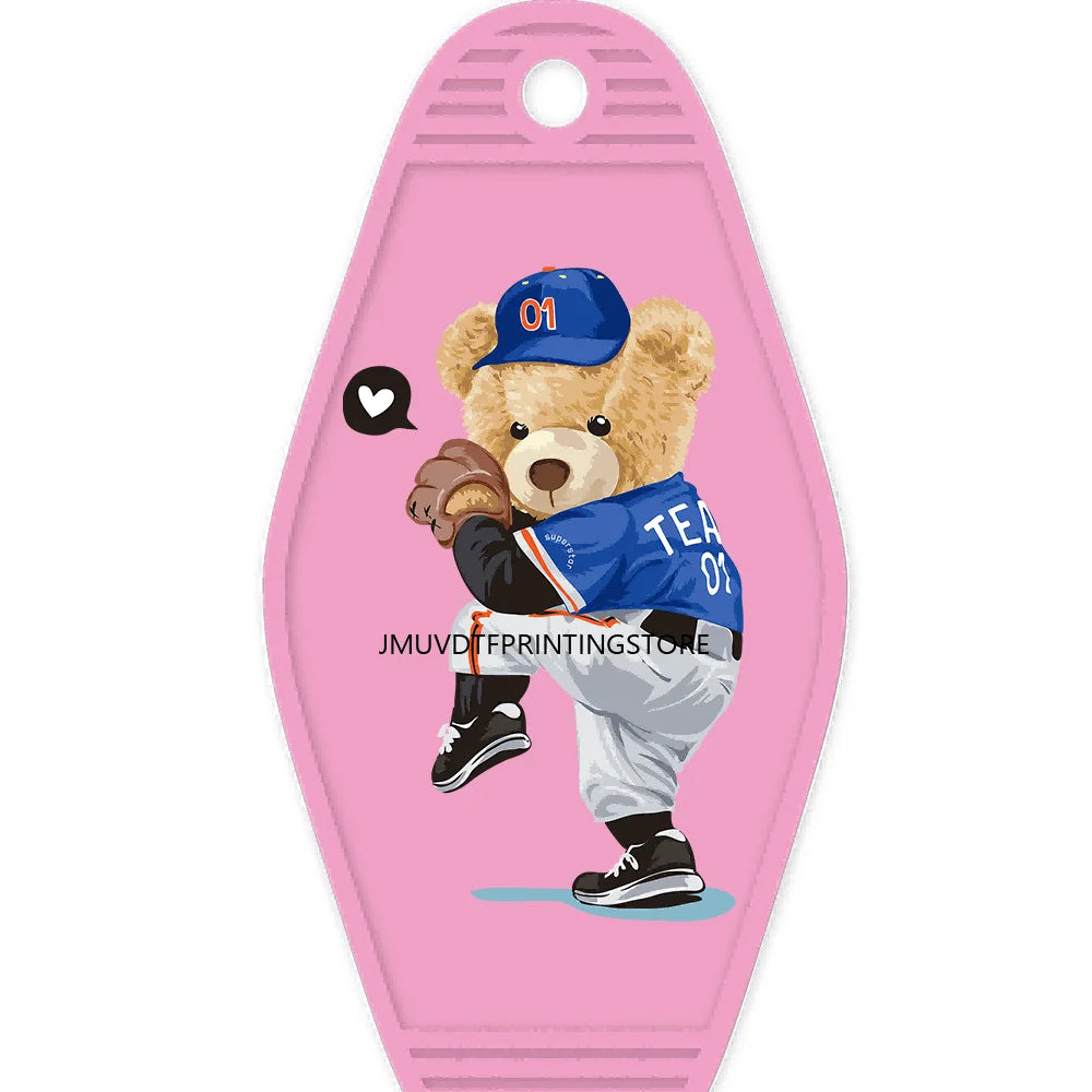 Cute Pink Teddy Bear Girl High Quality WaterProof UV DTF Sticker For Motel Hotel Keychain Brown Bears Baseball