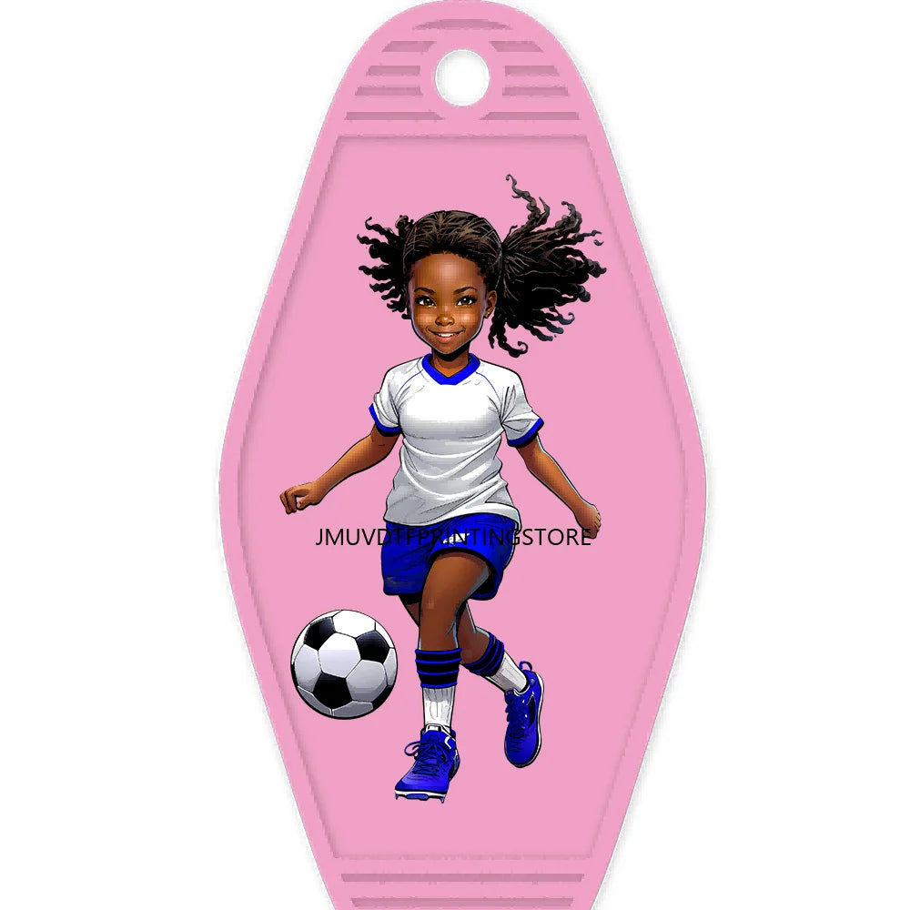 Sport Football Player High Quality WaterProof UV DTF Sticker For Motel Hotel Keychain Black Afro Girls