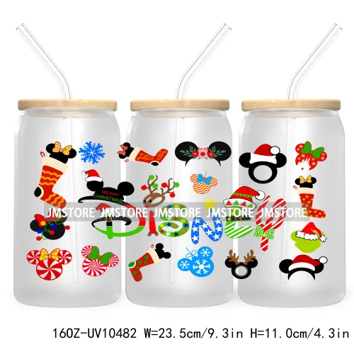 Merry Christmas Mouse UV DTF Sticker For 16OZ Libbey Glass Cup Can Wrap Transfer Stickers Custom Labels Xmas Cartoon Characters