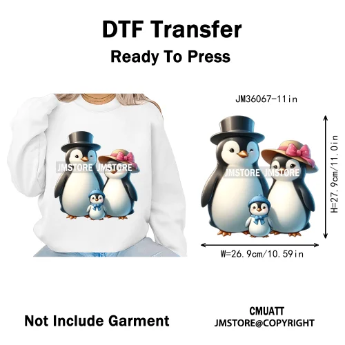 Cute Animal Penguins Coquette Hat Family Mom Father Baby Lovers Iron on DTF Heat Transfer Stickers Ready to Press for Hoodies