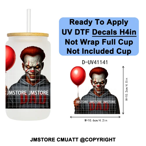 Black Horror Dad Halloween Spooky Daddy UV DTF Decals Ready To Apply Waterproof Transfer Stickers For 16OZ Libbey Glass Can Cups