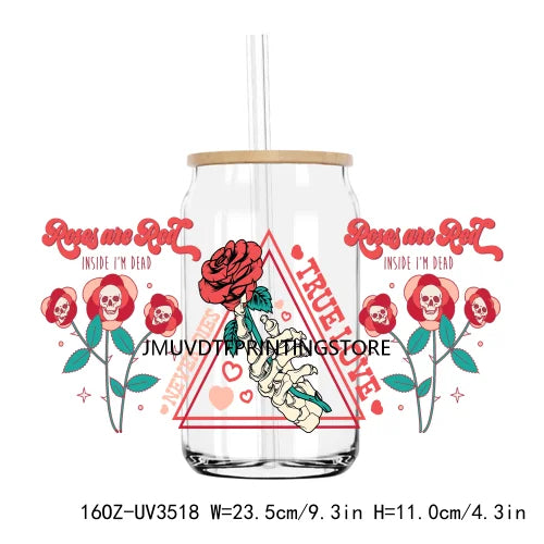 Valentine's Day Skull Skeletion Flower UV DTF Sticker For 16OZ Libbey Glass Cup Can Wrap Transfer Sticker Custom Labels DIY Logo