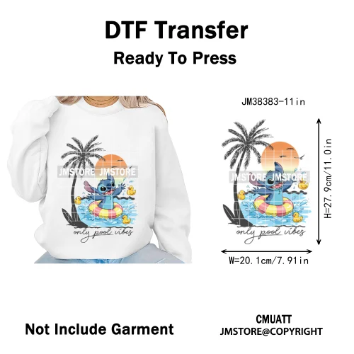 Retro Cartoon Happy Summer Vacation Vibes Coquette Seashells Iron on DTF Heat Transfer Stickers Ready to Press for Clothes Bags