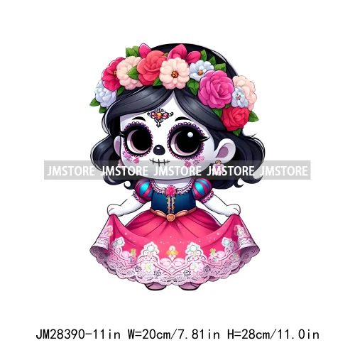 Cute Mexican Day Of The Dead Skeleton Catrina Princess Dolls Iron On DTF Heat Press Transfers Stickers Printing For Clothes