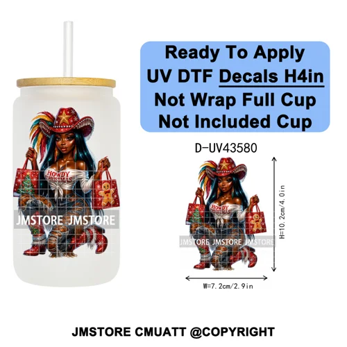 Howdy Afro Black Cowgirl Christmas UV DTF Decals Ready To Apply Waterproof Transfer Stickers For 16OZ Libbey Glass Can Bottle