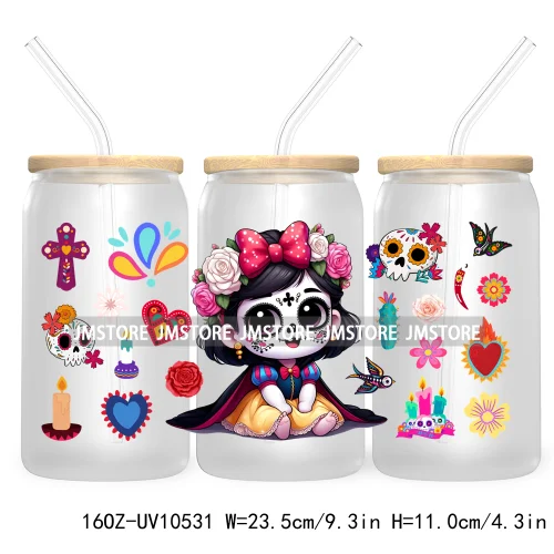 Dia De Los Muertos Mexican UV DTF Sticker For 16OZ Libbey Glass Cup Can Wrap Transfer Stickers Hispanic Halloween Sugar Skulls