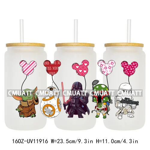 Cartoon Pink Sweet Happy Valentine‘s Day Kids Love Characters UV DTF Stickers Cup Wraps Logos For 16OZ Libbey Glass Can