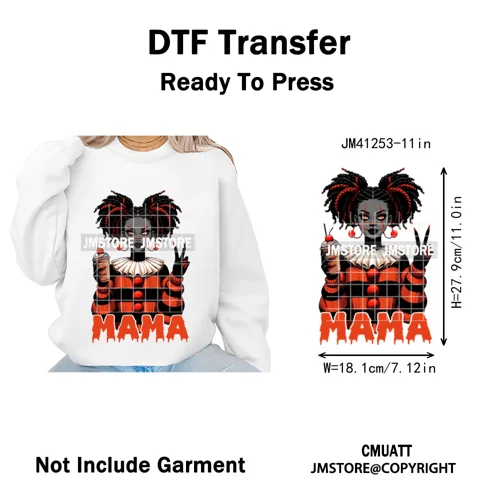 Coffee Lover Afro Mama Spooky Halloween Killer Cartoon Women Iron on Washable DTF Transfers Stickers Ready to Press for Hoodies