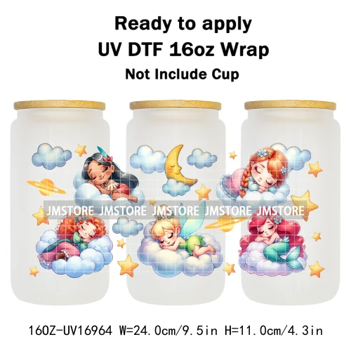 Cute Cartoon Character Sleeping On The Clouds UV DTF Stickers Ready To Apply Cup Wrap Custom Labels For 16OZ Libbey Can Glass
