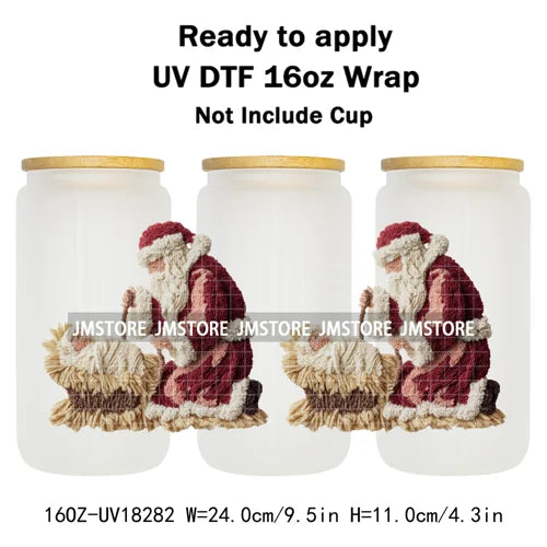Faux Yarn Crochet Jesus Christmas Religious UV DTF Stickers Ready To Apply Cup Wrap Custom Labels DIY Craft For Libbey Glass Can