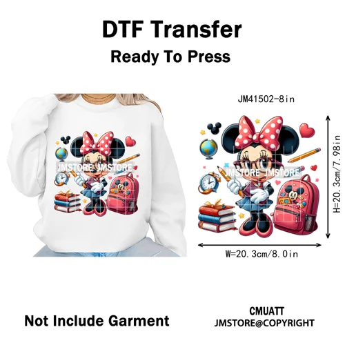Cartoon Movie Friends Princess Back to School Teacher Learn Iron on DTF Washable Transfer Sticker Ready to Press for Kid Hoodies