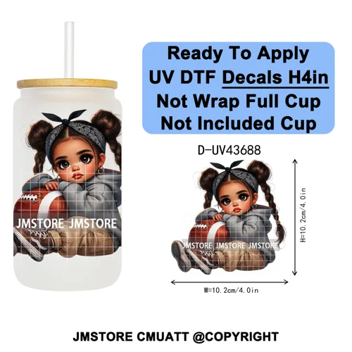 Cute Latina Baby Girl American Football UV DTF Cup Decals Ready To Apply Transfer Stickers Durable For Libbey Glass Can Tumbler