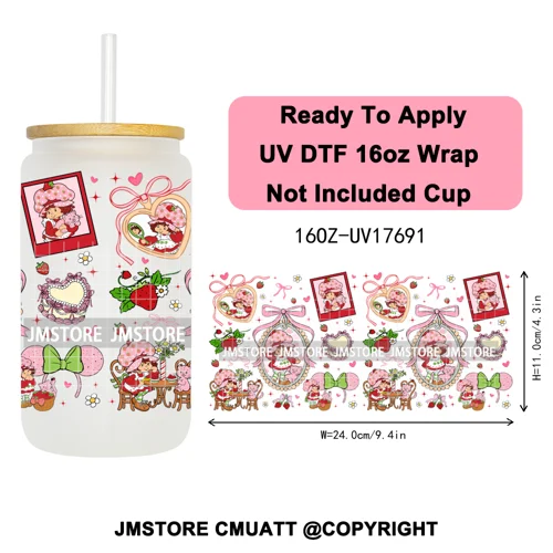 90s Cartoon Strawberry Characters Coquette Bow 16OZ UV DTF Cup Wraps Ready To Apply Transfer Stickers For Libbey Glass Can Mugs