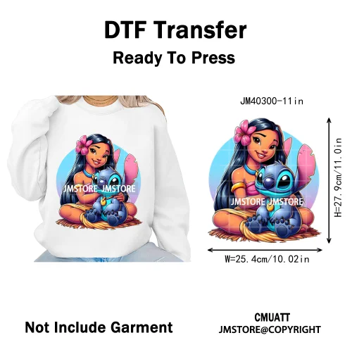 Cute Cartoon Blue Animal Princess Best Friends Designs Iron on DTF Washable Transfers Stickers Ready to Press for Clothing Bags
