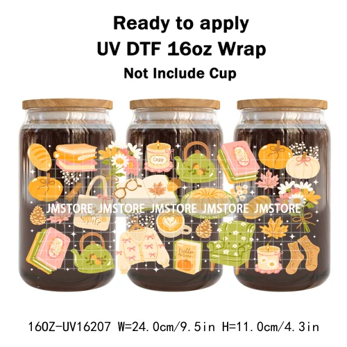 Cozy Autumn Food Fall Leaves Pumpkin 16OZ UV DTF Cup Wraps Ready To Apply Waterproof Transfer Stickers For Libbey Glass Can Mugs