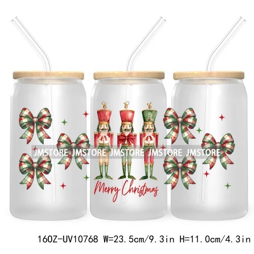 Christmas Highland Cow Coquette Bow 16OZ UV DTF Cup Wrap Waterproof Transfer Stickers For Libbey Glass Can Christmas Gingerbread