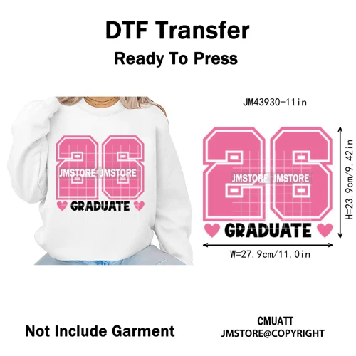 College Mega Senior 2K26 Coquette Class of 2026 Iron on Washable DTF Heat Transfers Stickers Ready to Press for Textiles Bags