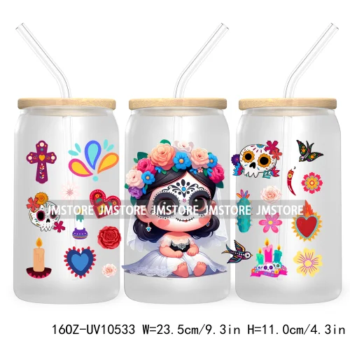 Dia De Los Muertos Mexican UV DTF Sticker For 16OZ Libbey Glass Cup Can Wrap Transfer Stickers Hispanic Halloween Sugar Skulls