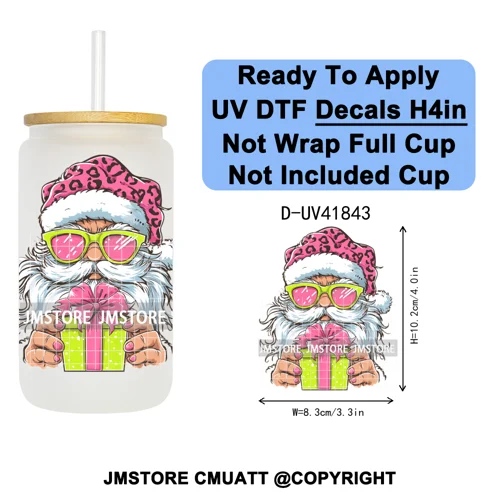 Retro Santa Claus Blowing Bubble Christmas UV DTF Decals Ready To Apply Waterproof Transfer Stickers For 16OZ Libbey Glass Can