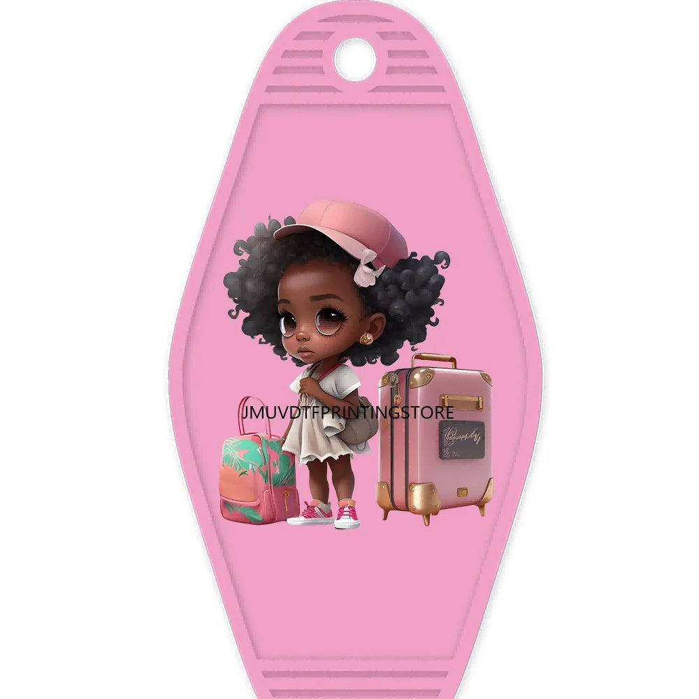 School Melanin Black Girls With Luggage High Quality WaterProof UV DTF Sticker For Motel Hotel Keychain Afro Children