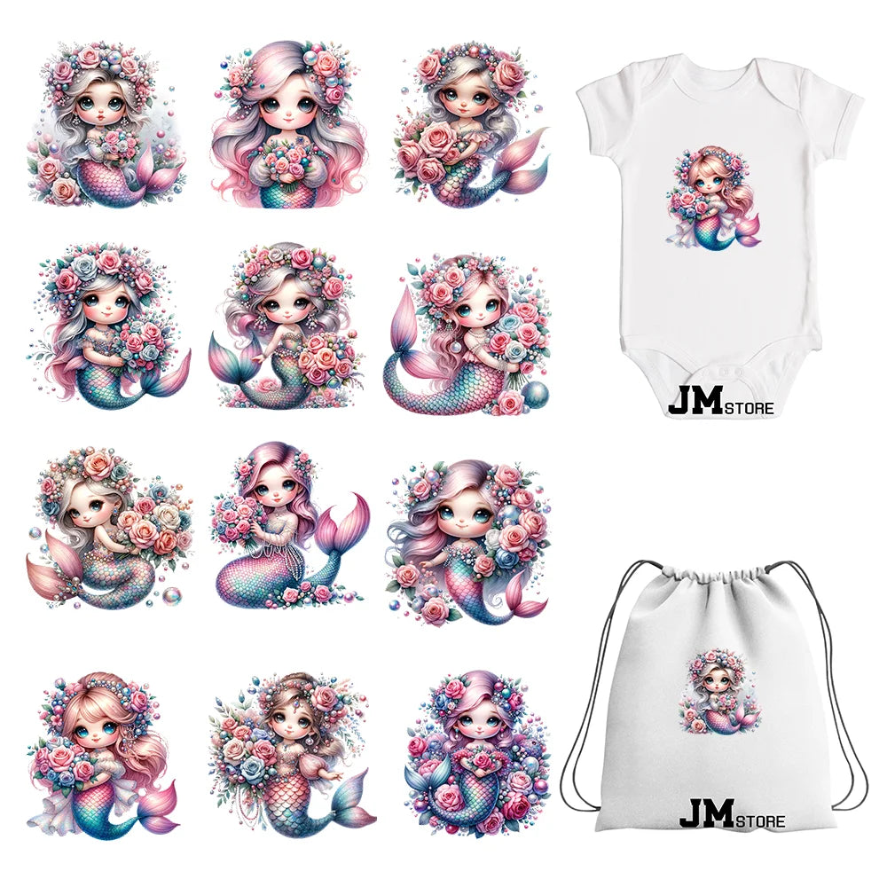 15cm 5.9in Cute Kid Flower Mermaid Iron On DTF Heat Transfer Sticker For Clothes Printed Thermal Applique Washable T-Shirt Decal