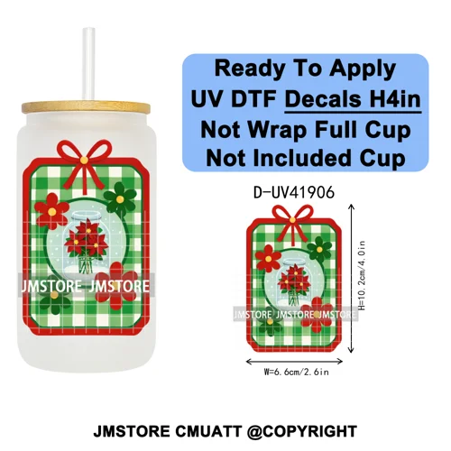 Preppy Christmas Stamps Xmas Card UV DTF Transfer Stickers Decals Ready To Apply Waterproof For 16OZ Libbey Glass Can Tumbler