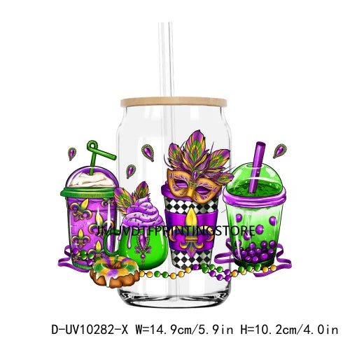 Happy Mardi Gras Afro Messy Bun UV DTF Transfers Stickers Decals For Libbey Cold Cups Mugs Tumbler Waterproof DIY Logo