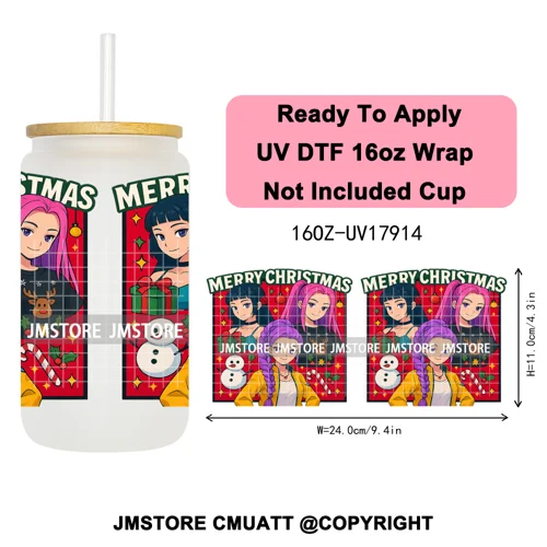 Merry Christmas Kpop Movie Character Anime Girl UV DTF Stickers Ready To Apply Cup Wrap High Quality For 16OZ Libbey Can Glass