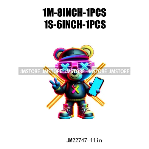 Cool Neon Colorful Hip Hop Streetwear Urban Teddy Bear Iron On DTF Transfers Stickers Ready To Press For Clothing Bags