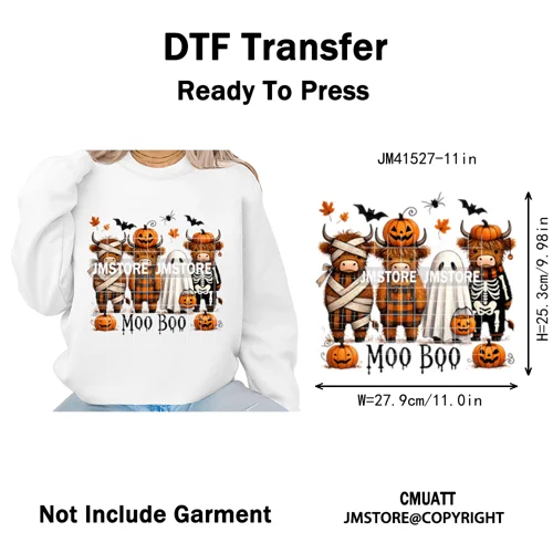 Pumpkin Leopard Spooky Ghost Moo Boo Cow Pet Halloween Bow Iron on DTF Washable Transfers Stickers Ready to Press for T-shirts