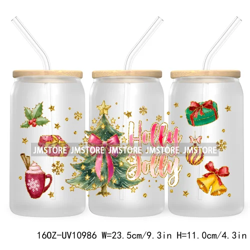 Coquette Glitter Holly Jolly Christmas Tree UV DTF Cup Wrap For Libbey Glass Can Transfer Stickers Waterproof Custom Labels Gift