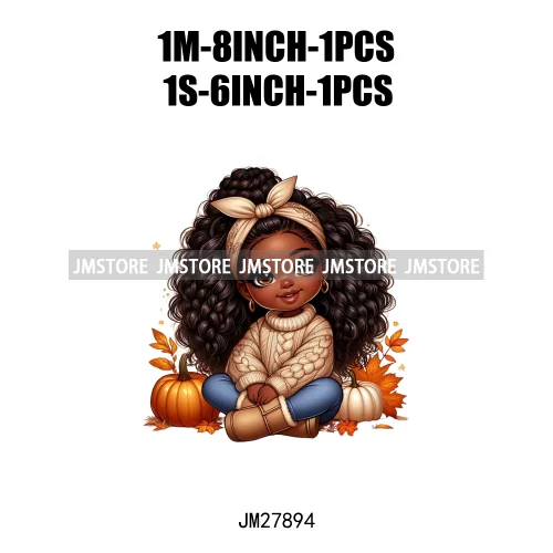 New Autumn Chibi Black Baby Girls Cartoon Afro Princess Pumpkin Fall Season DTF Iron On Heat Press Transfer Stickers For Hoodies