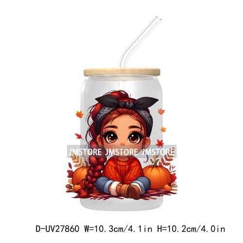 Latina Chibi Autumn Baby Little Girl UV DTF Transfer Stickers Decals For Libbey Cold Cups Mugs Tumbler Fall Vibes Pumpkin Season