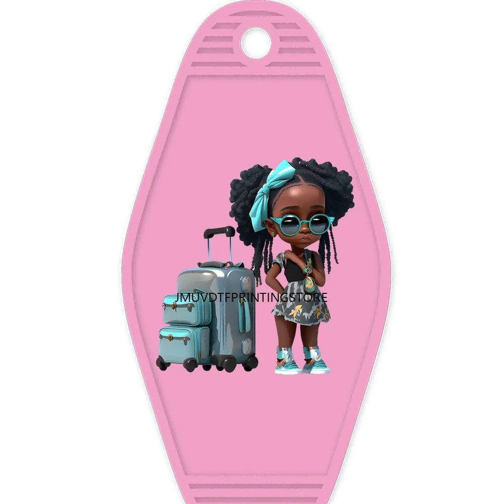 School Melanin Black Girls With Luggage High Quality WaterProof UV DTF Sticker For Motel Hotel Keychain Afro Children