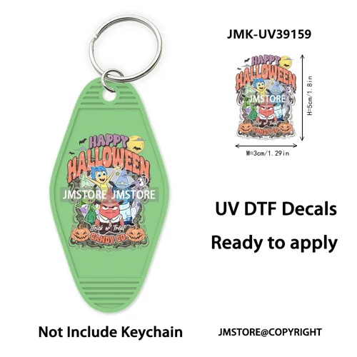 Spooky Halloween Cartoon Character Couple UV DTF Motel Keychain Wrap Ready To Apply Waterproof High Quality Hotel Keychain Decal